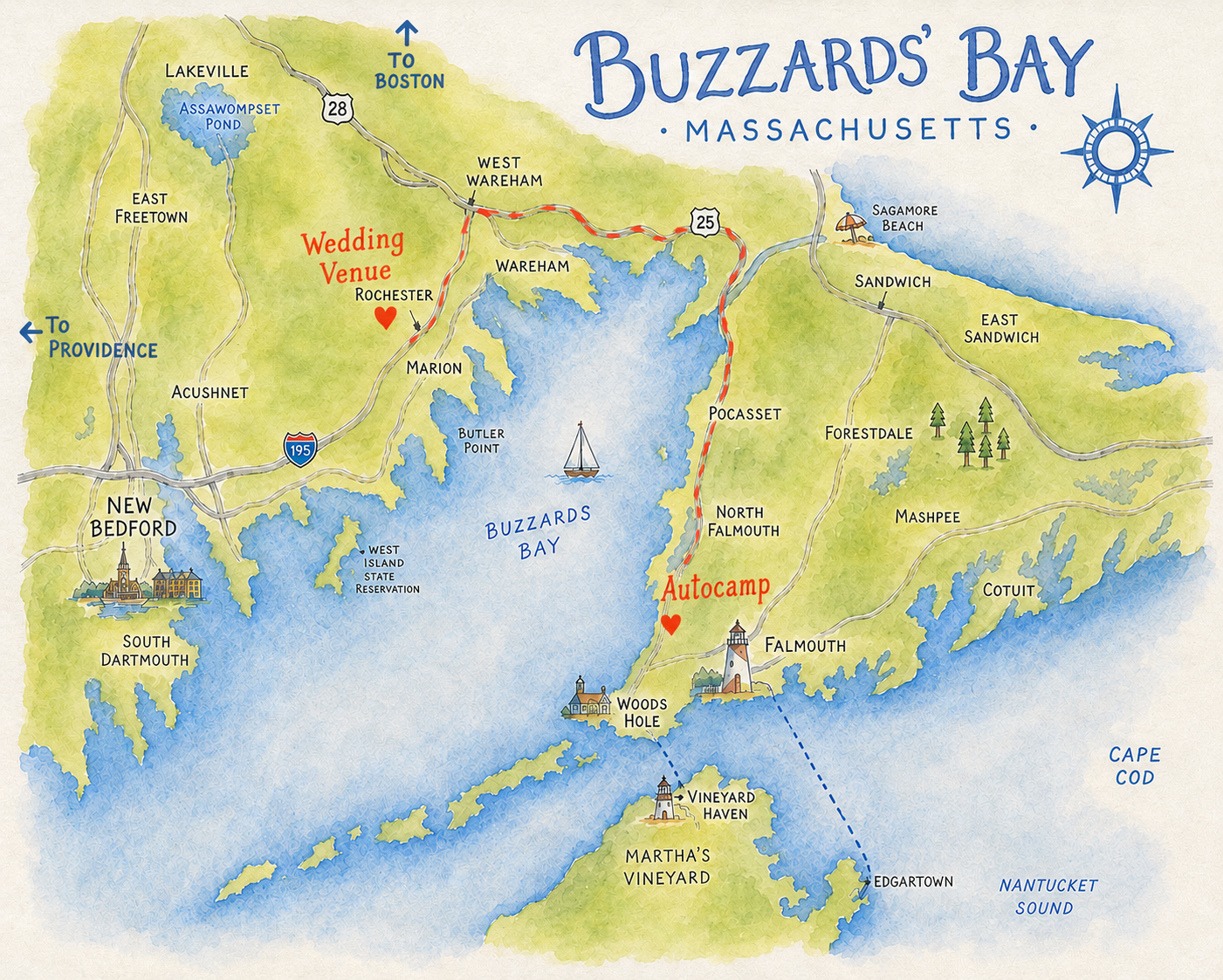 Map of the Buzzards Bay area showing AutoCamp and the wedding venue
